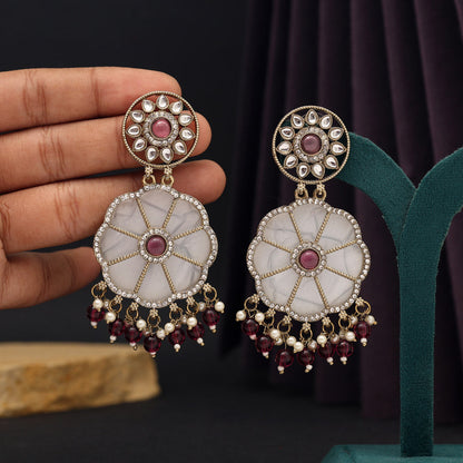 Magenta Color Mother Of Pearl Kundan Earrings (KDE973MNT) - preyans.com