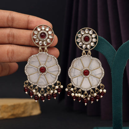 Maroon Color Mother Of Pearl Kundan Earrings (KDE973MRN) - preyans.com