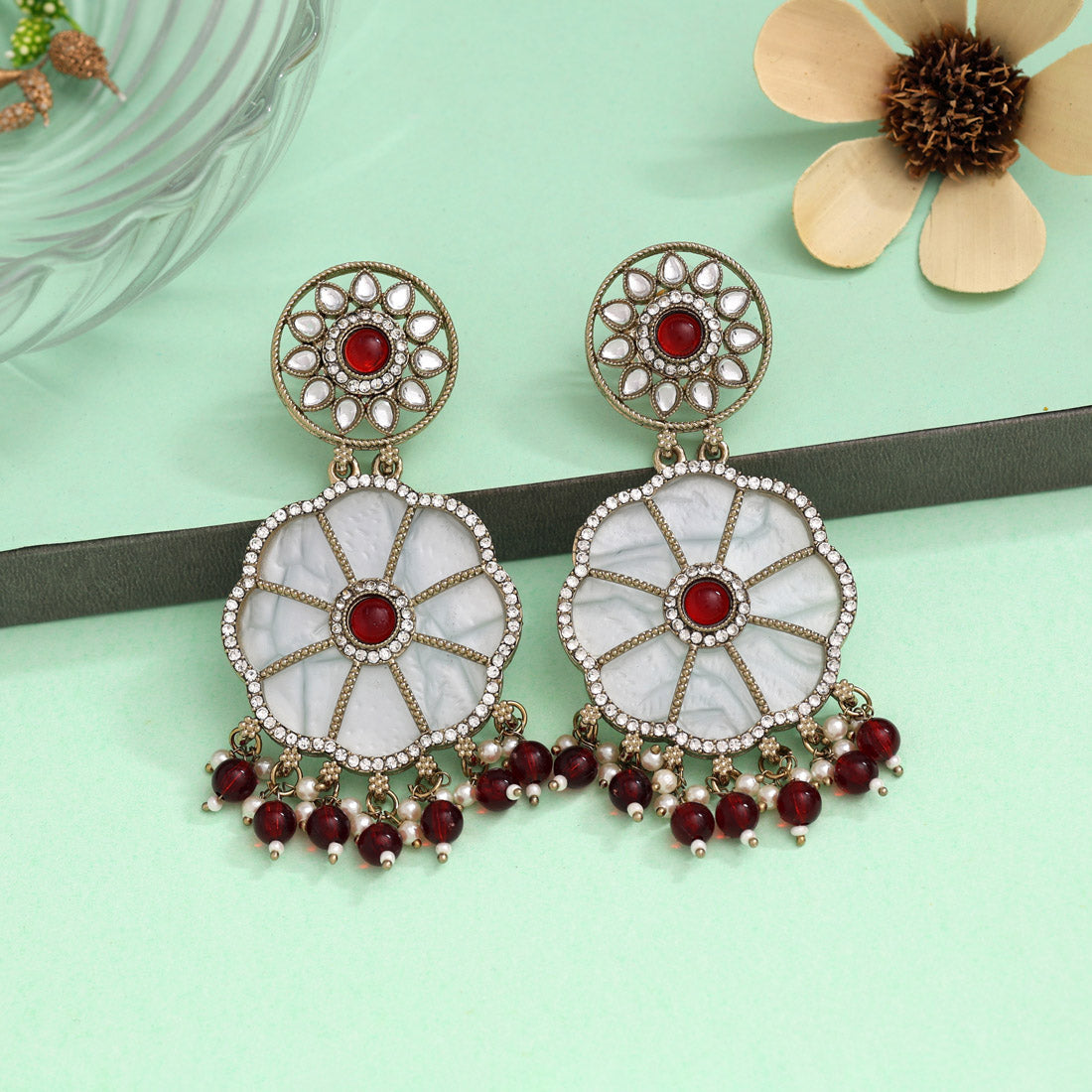 Maroon Color Mother Of Pearl Kundan Earrings (KDE973MRN) - preyans.com