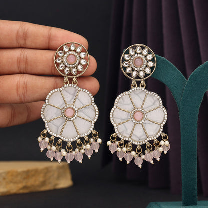 Pink Color Mother Of Pearl Kundan Earrings (KDE973PNK) - preyans.com