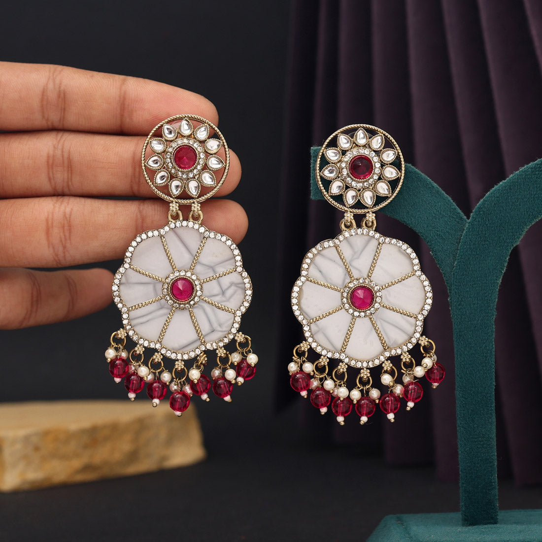 Rani Color Mother Of Pearl Kundan Earrings (KDE973RNI) - preyans.com