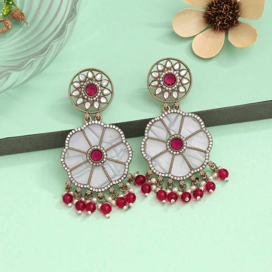 Rani Color Mother Of Pearl Kundan Earrings (KDE973RNI) - preyans.com