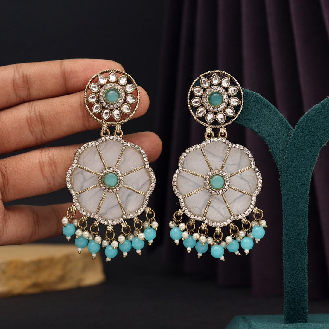 Sky Blue Color Mother Of Pearl Kundan Earrings (KDE973SBLU) - preyans.com