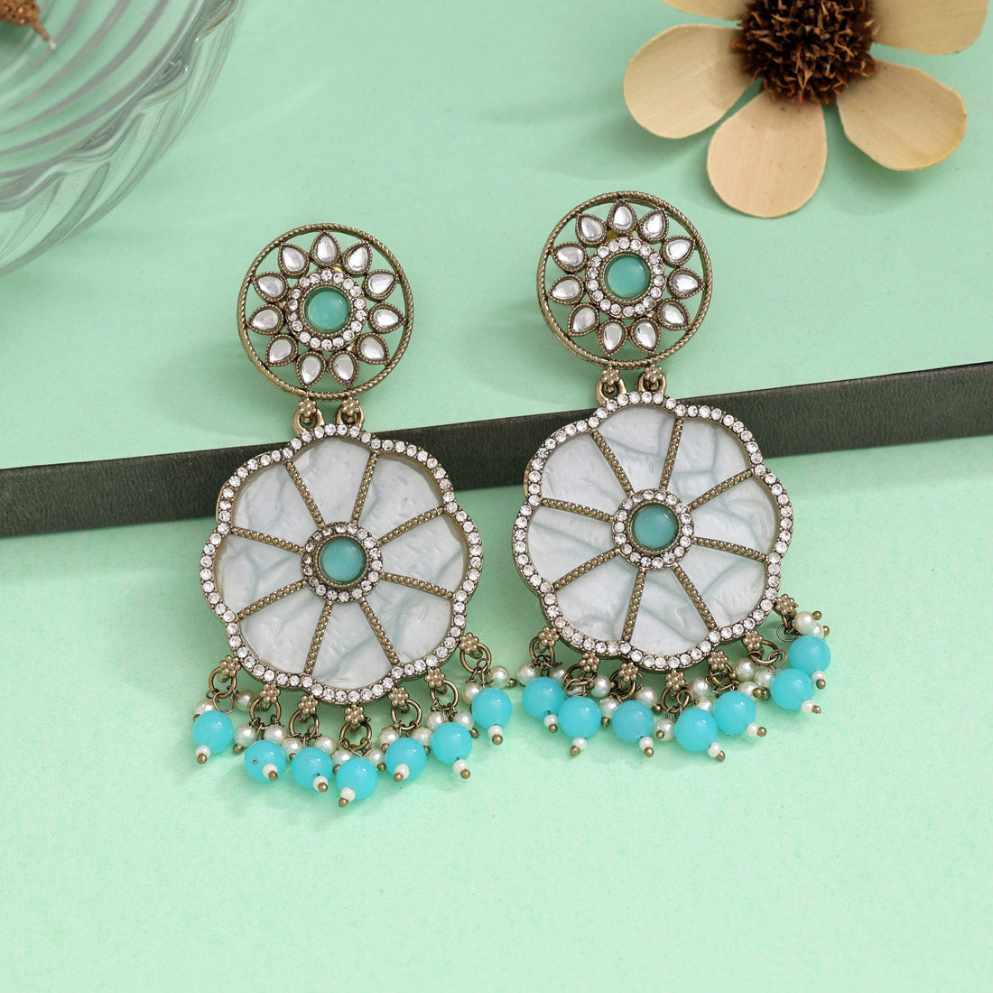 Sky Blue Color Mother Of Pearl Kundan Earrings (KDE973SBLU) - preyans.com