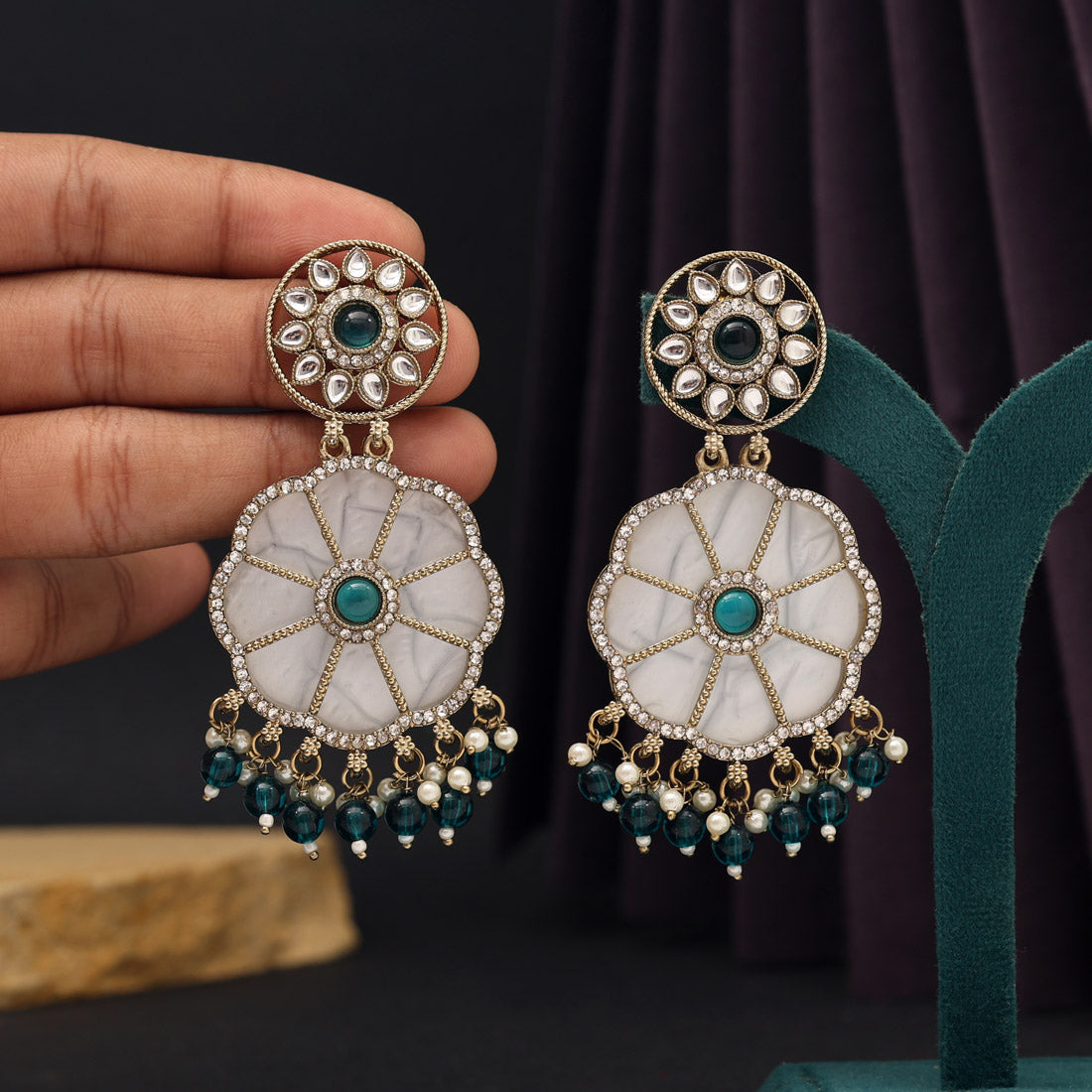 Turquoise Blue Color Mother Of Pearl Kundan Earrings (KDE973TBLU) - preyans.com