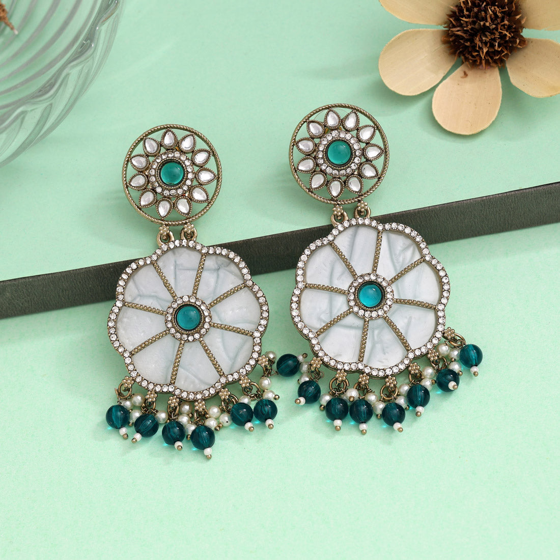 Turquoise Blue Color Mother Of Pearl Kundan Earrings (KDE973TBLU) - preyans.com