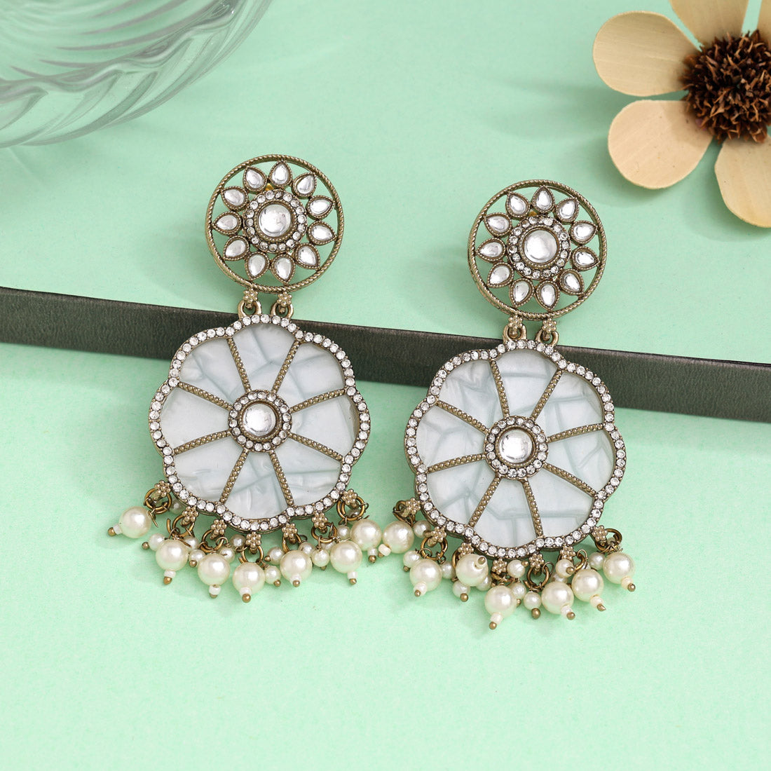 White Color Mother Of Pearl Kundan Earrings (KDE973WHT) - preyans.com