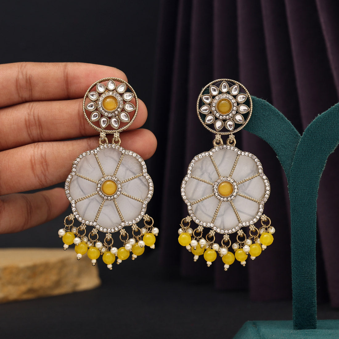 Yellow Color Mother Of Pearl Kundan Earrings (KDE973YLW) - preyans.com