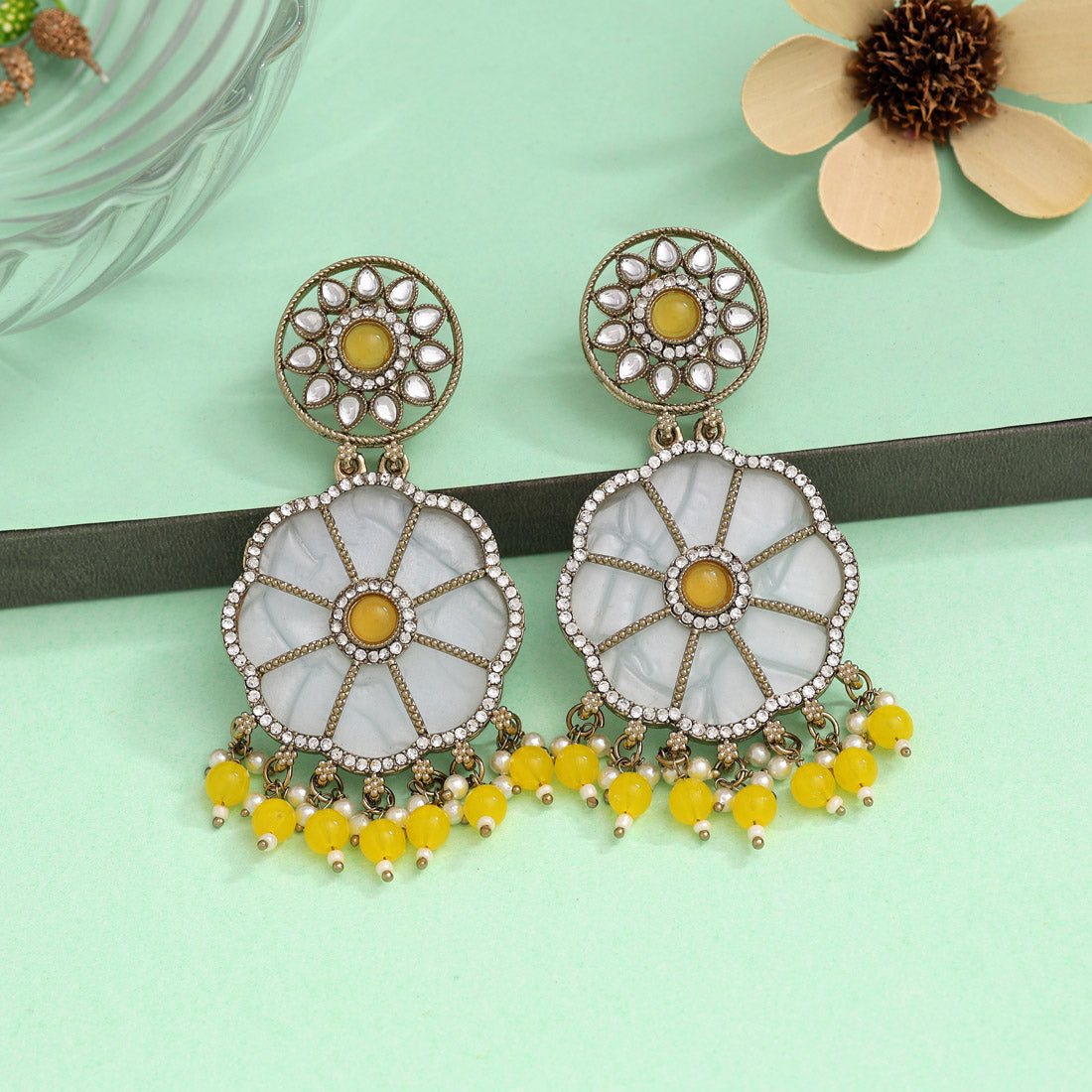 Yellow Color Mother Of Pearl Kundan Earrings (KDE973YLW) - preyans.com