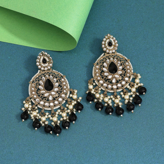 Black Color Kundan Earrings (KDE974BLK) - Preyans.com