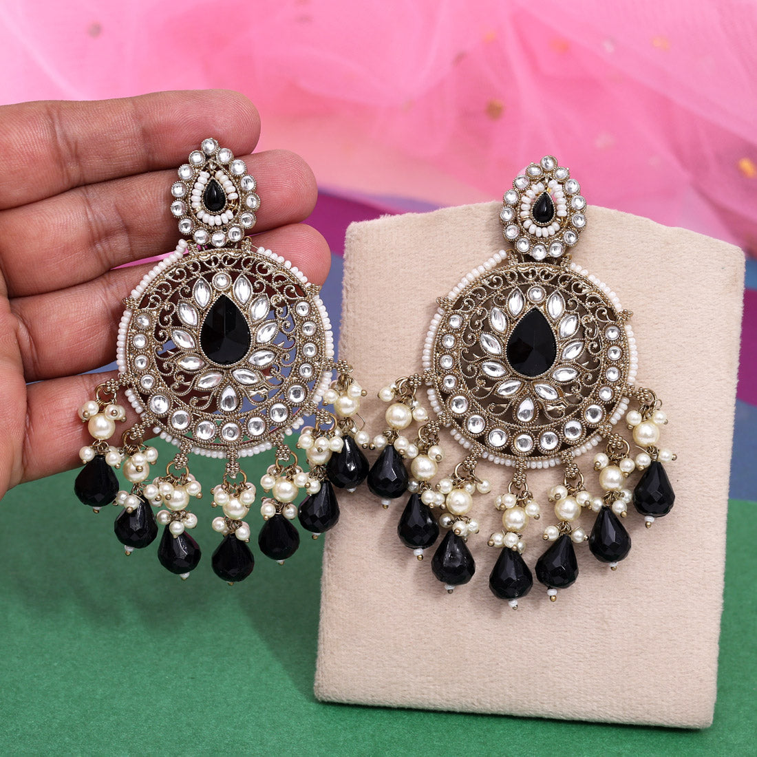 Black Color Kundan Earrings (KDE974BLK) - Preyans.com