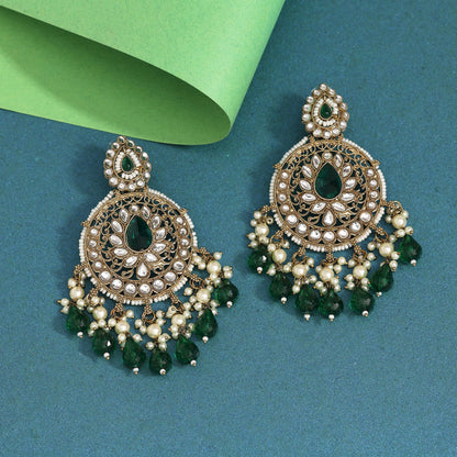 Green Color Kundan Earrings (KDE974GRN) - Preyans.com