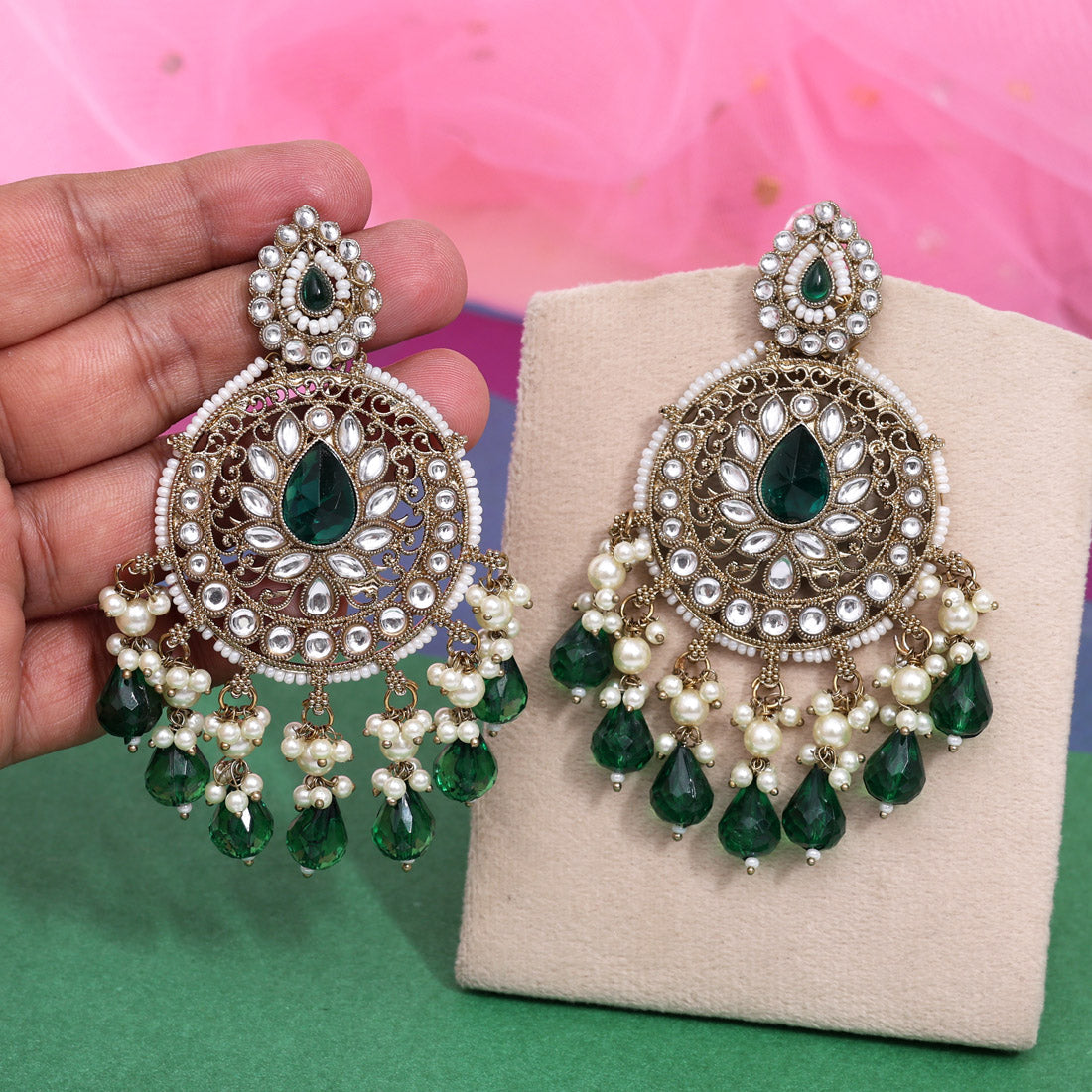 Green Color Kundan Earrings (KDE974GRN) - Preyans.com