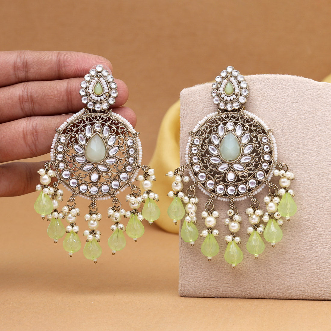 Pista Green Color Kundan Earrings (KDE974PGRN) - Preyans.com