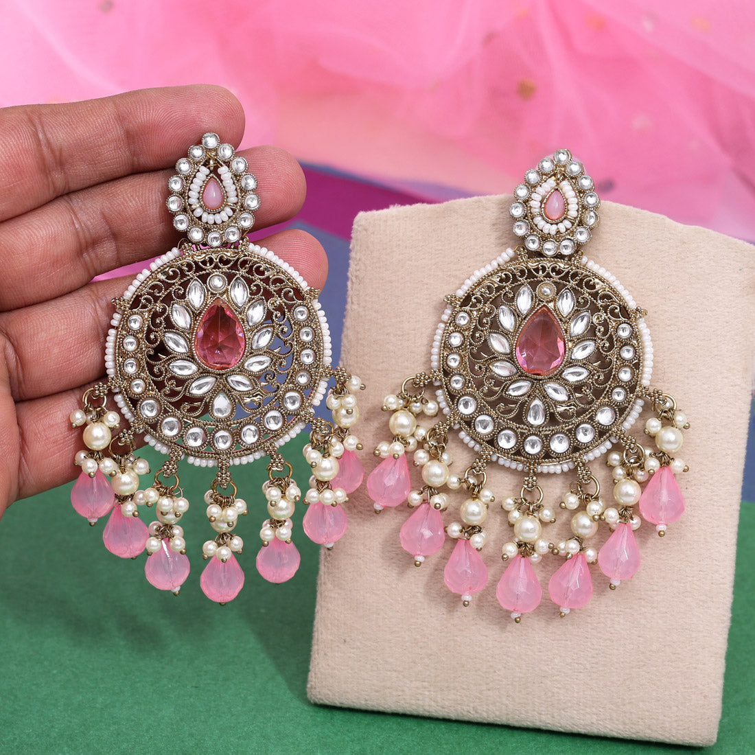 Pink Color Kundan Earrings (KDE974PNK) - Preyans.com