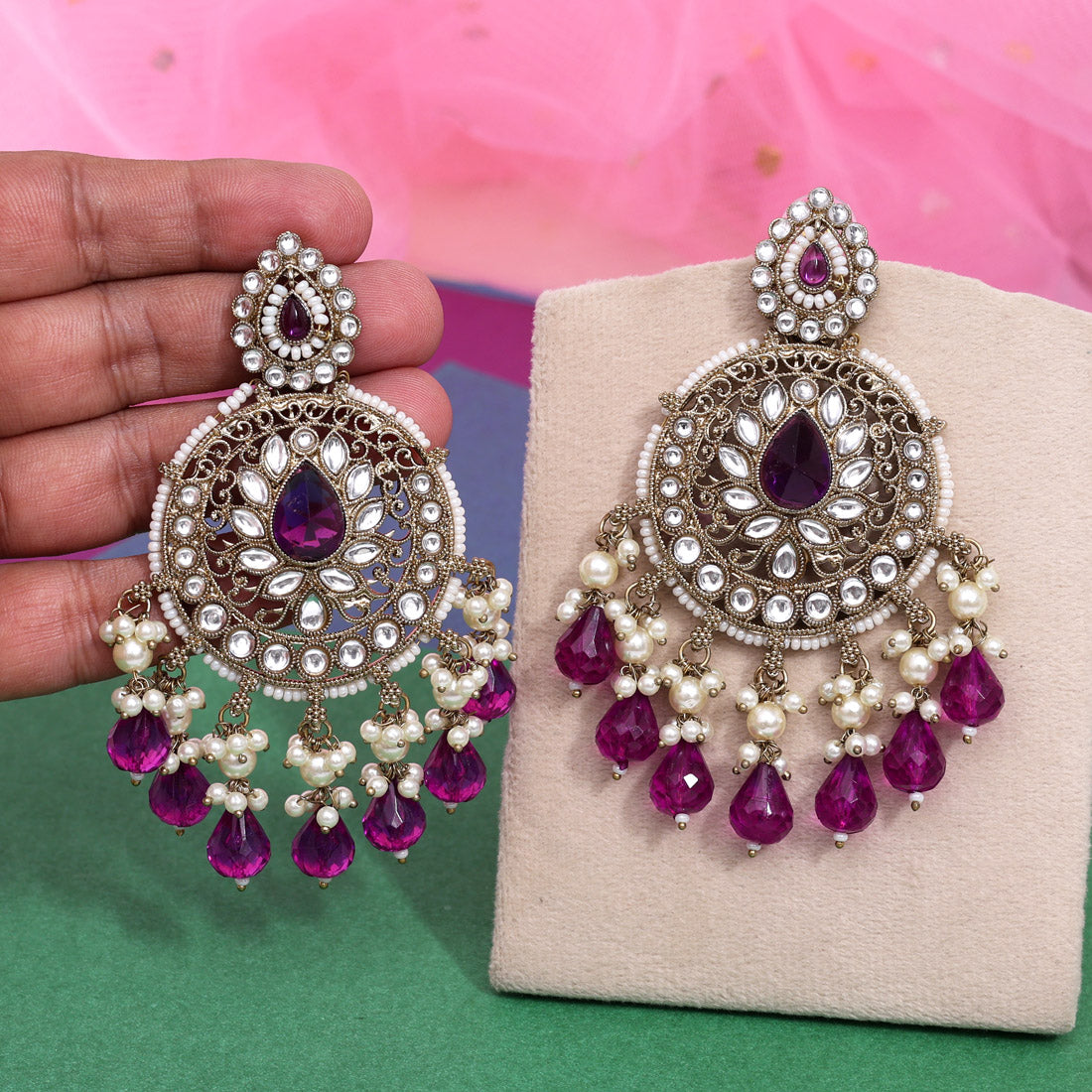 Purple Color Kundan Earrings (KDE974PRP) - Preyans.com