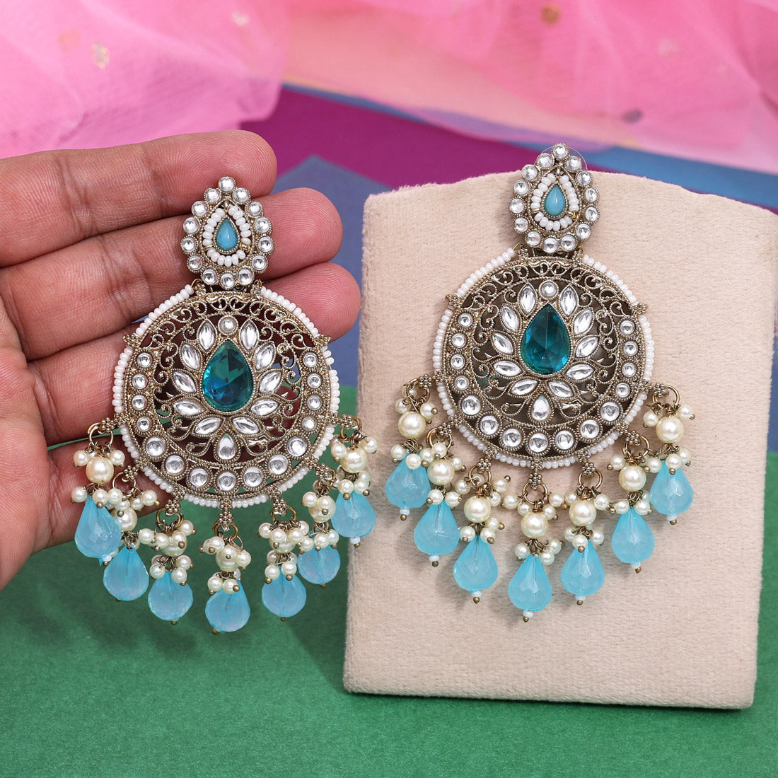 Sky Blue Color Kundan Earrings (KDE974SBLU) - Preyans.com