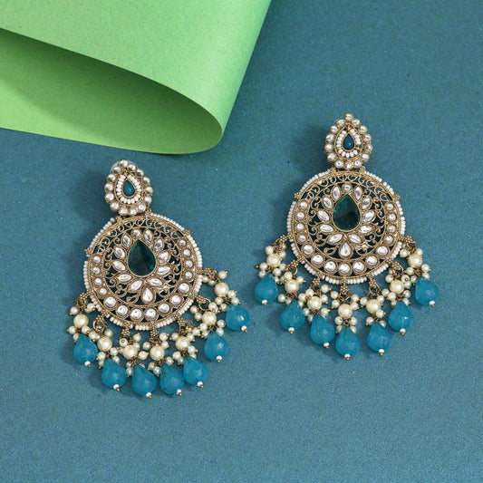 Turquoise Blue Color Kundan Earrings (KDE974TBLU) - Preyans.com