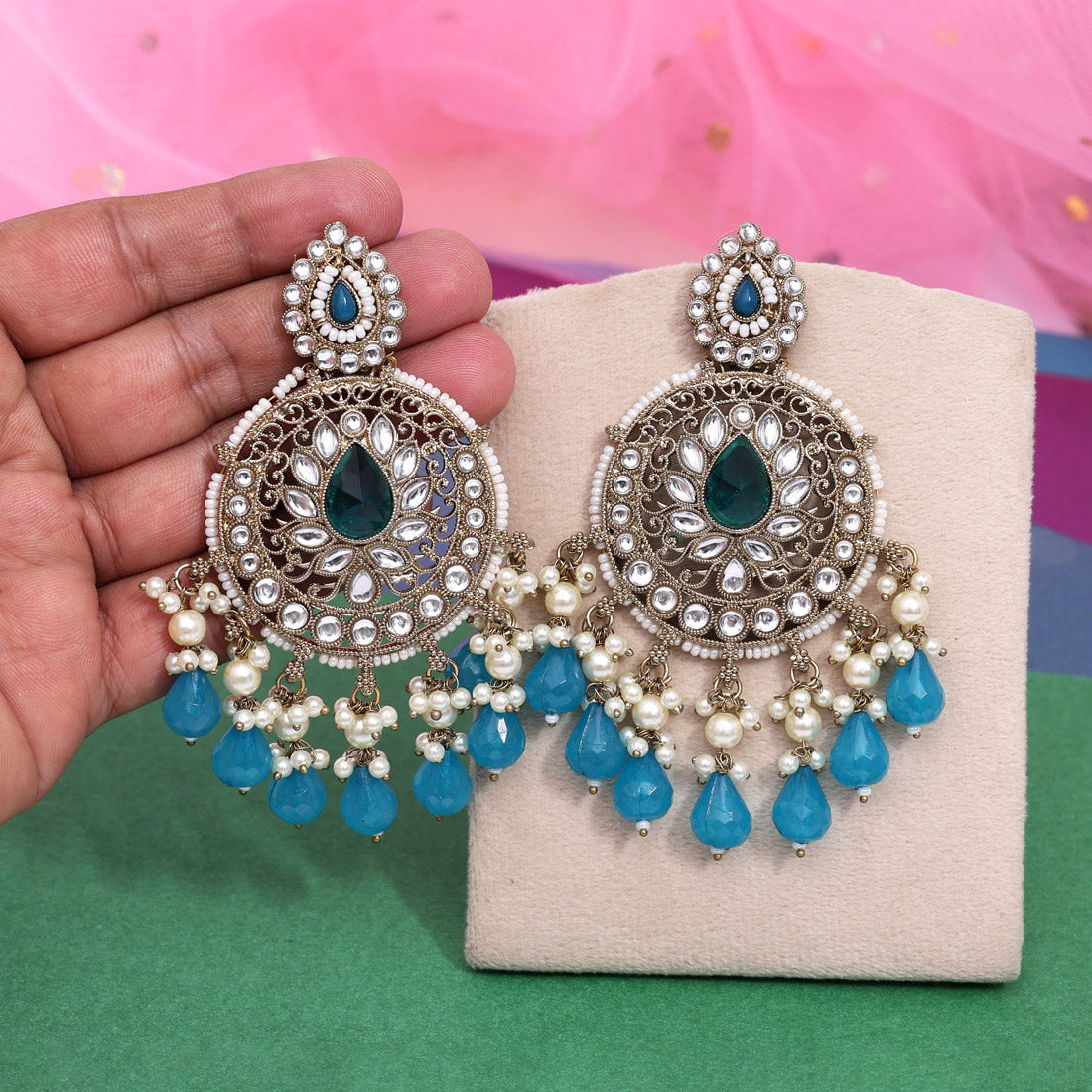 Turquoise Blue Color Kundan Earrings (KDE974TBLU) - Preyans.com