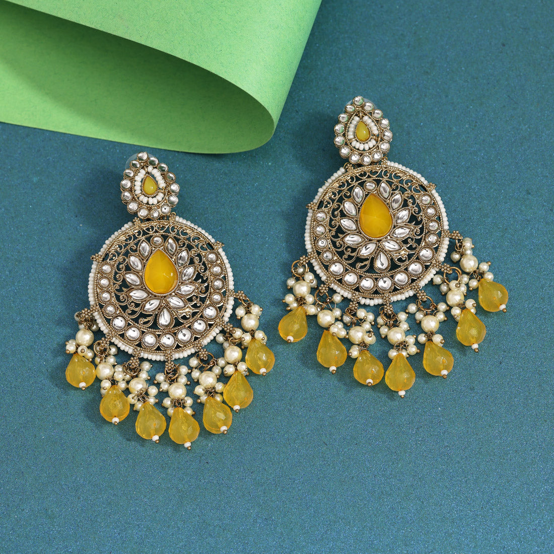 Yellow Color Kundan Earrings (KDE974YLW) - Preyans.com