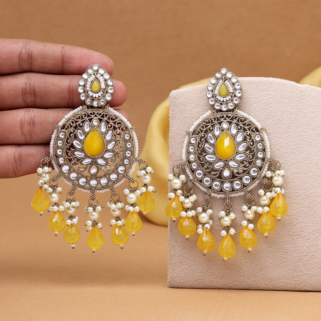 Yellow Color Kundan Earrings (KDE974YLW) - Preyans.com