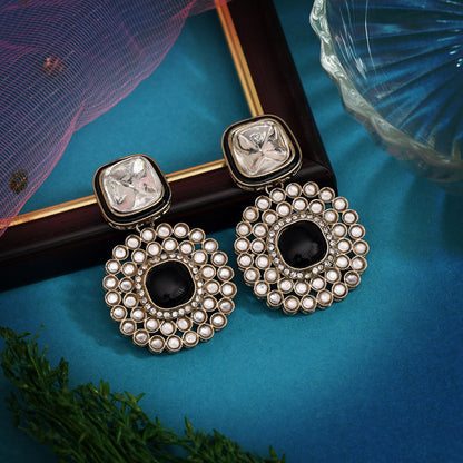 Black Color Moissanite Kundan Earrings (KDE975BLK) - Preyans.com