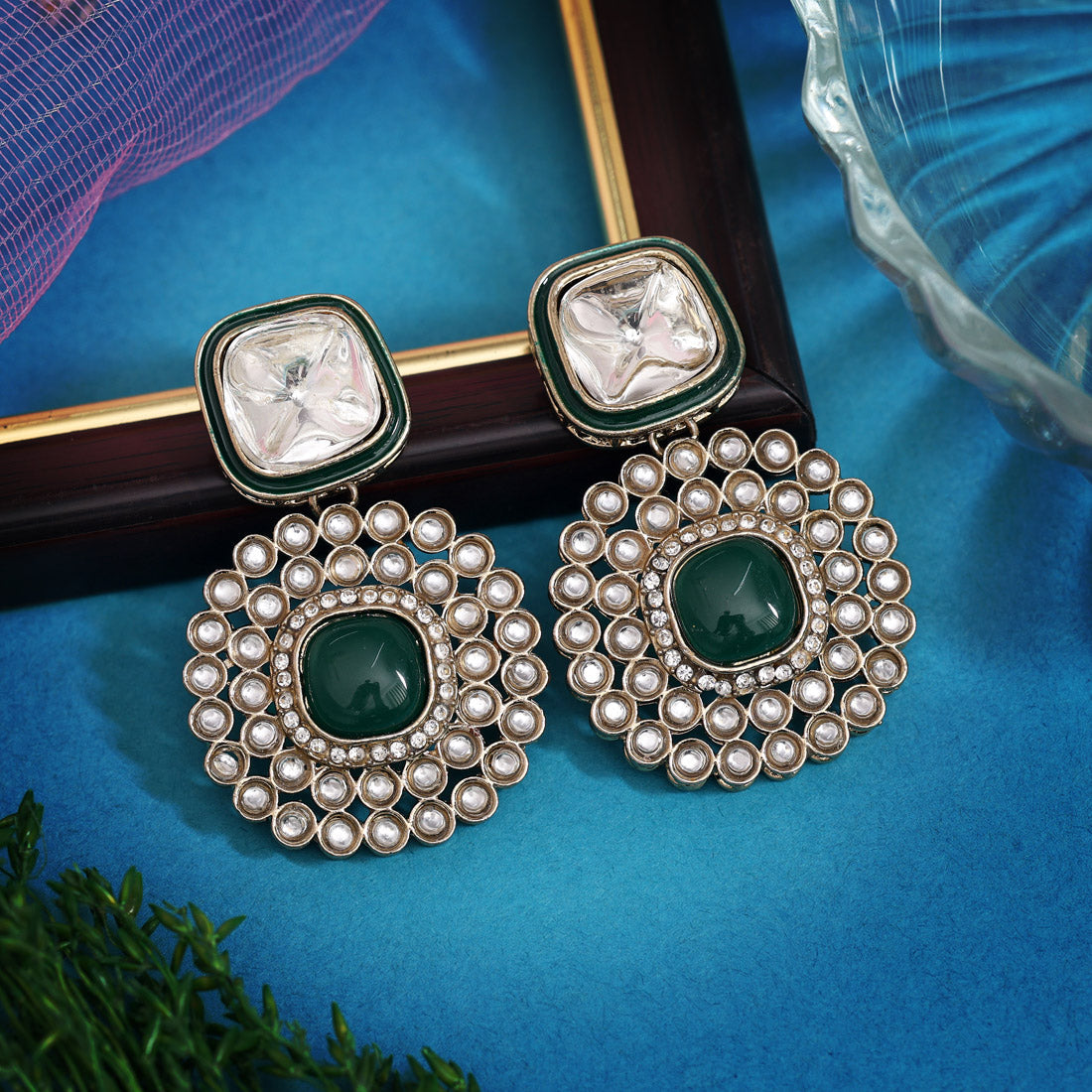 Green Color Moissanite Kundan Earrings (KDE975GRN) - Preyans.com