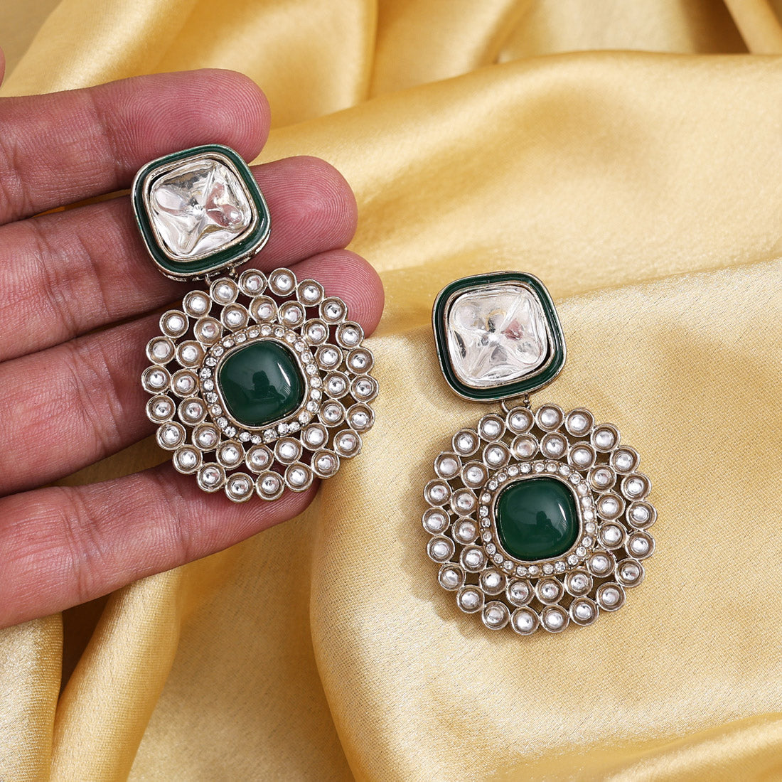 Green Color Moissanite Kundan Earrings (KDE975GRN) - Preyans.com