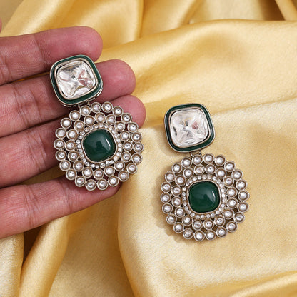 Green Color Moissanite Kundan Earrings (KDE975GRN) - Preyans.com