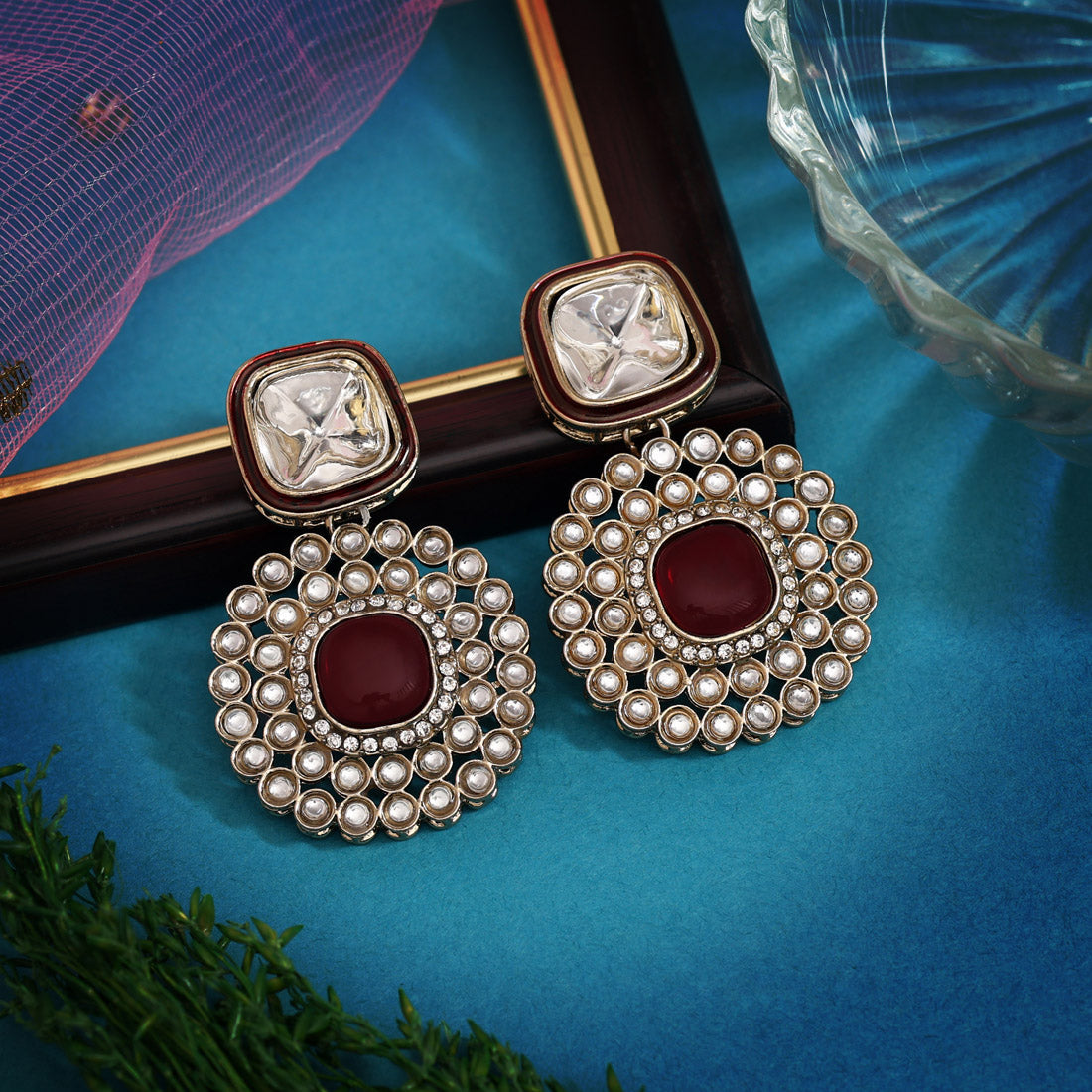 Maroon Color Moissanite Kundan Earrings (KDE975MRN) - Preyans.com