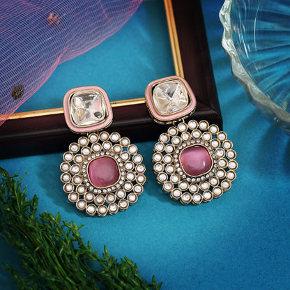 Pink Color Moissanite Kundan Earrings (KDE975PNK) - Preyans.com