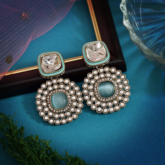 Sky Blue Color Moissanite Kundan Earrings (KDE975SBLU) - Preyans.com