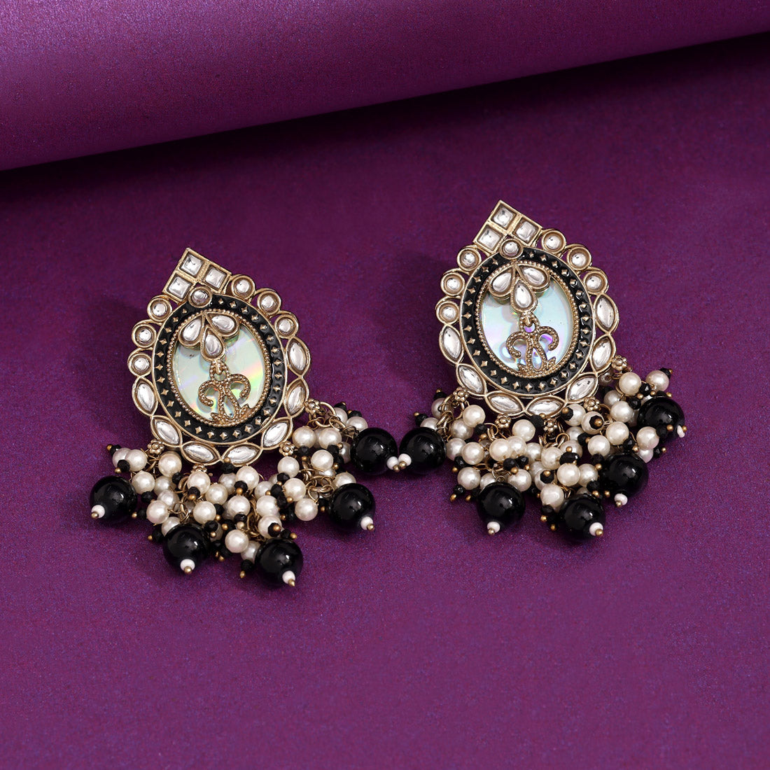 Black Color Kundan Earrings (KDE976BLK) - Preyans.com