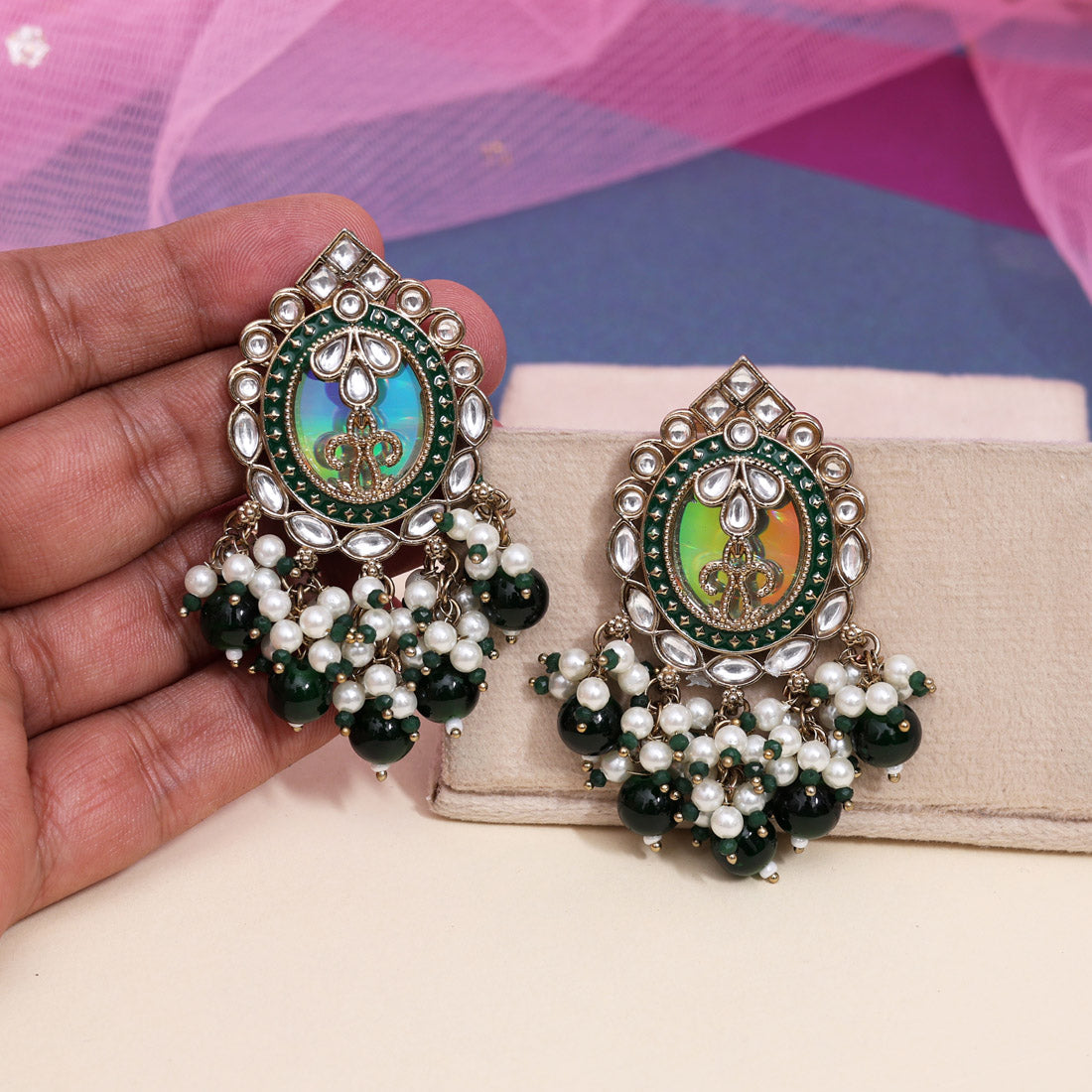 Green Color Kundan Earrings (KDE976GRN) - Preyans.com