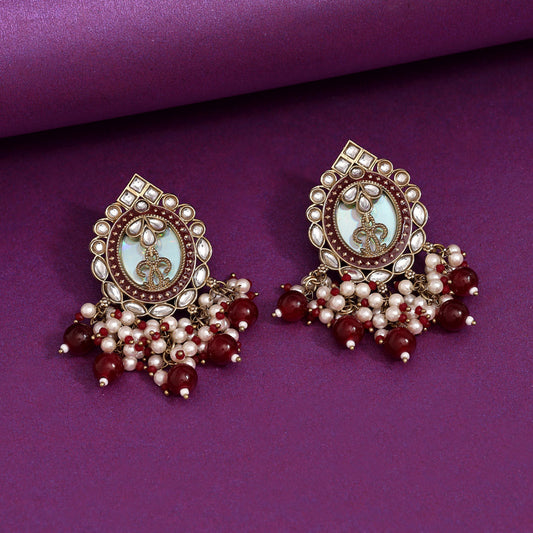 Maroon Color Kundan Earrings (KDE976MRN) - Preyans.com