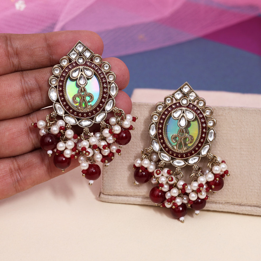 Maroon Color Kundan Earrings (KDE976MRN) - Preyans.com