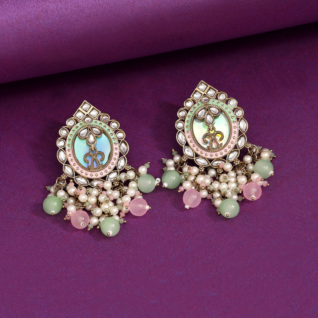 Pista Green & Pink Color Kundan Earrings (KDE976PGRNPNK) - Preyans.com