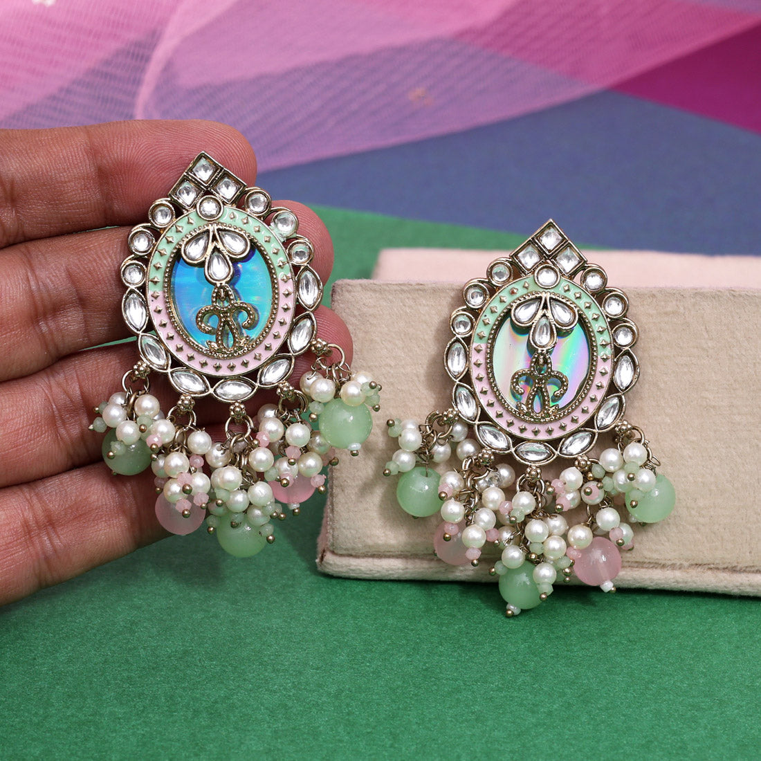 Pista Green & Pink Color Kundan Earrings (KDE976PGRNPNK) - Preyans.com