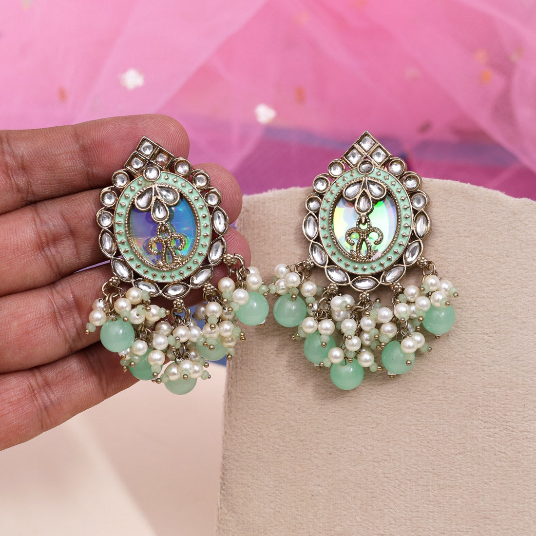 Pista Green Color Kundan Earrings (KDE976PGRN) - Preyans.com