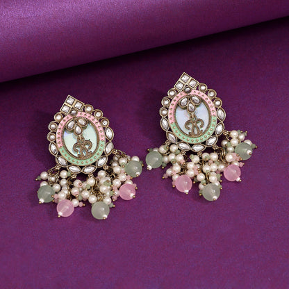 Pink & Pista Green Color Kundan Earrings (KDE976PNKPGRN) - Preyans.com