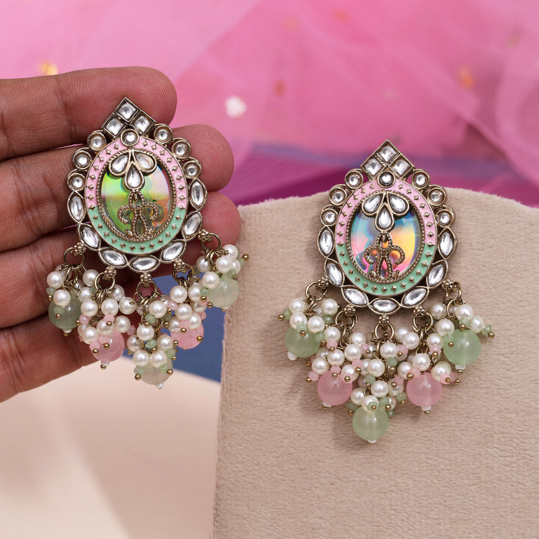 Pink & Pista Green Color Kundan Earrings (KDE976PNKPGRN) - Preyans.com