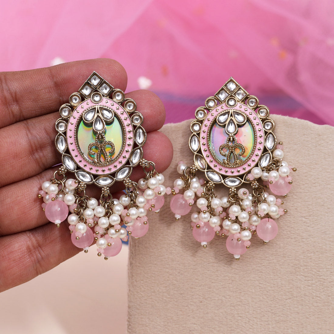 Pink Color Kundan Earrings (KDE976PNK) - Preyans.com