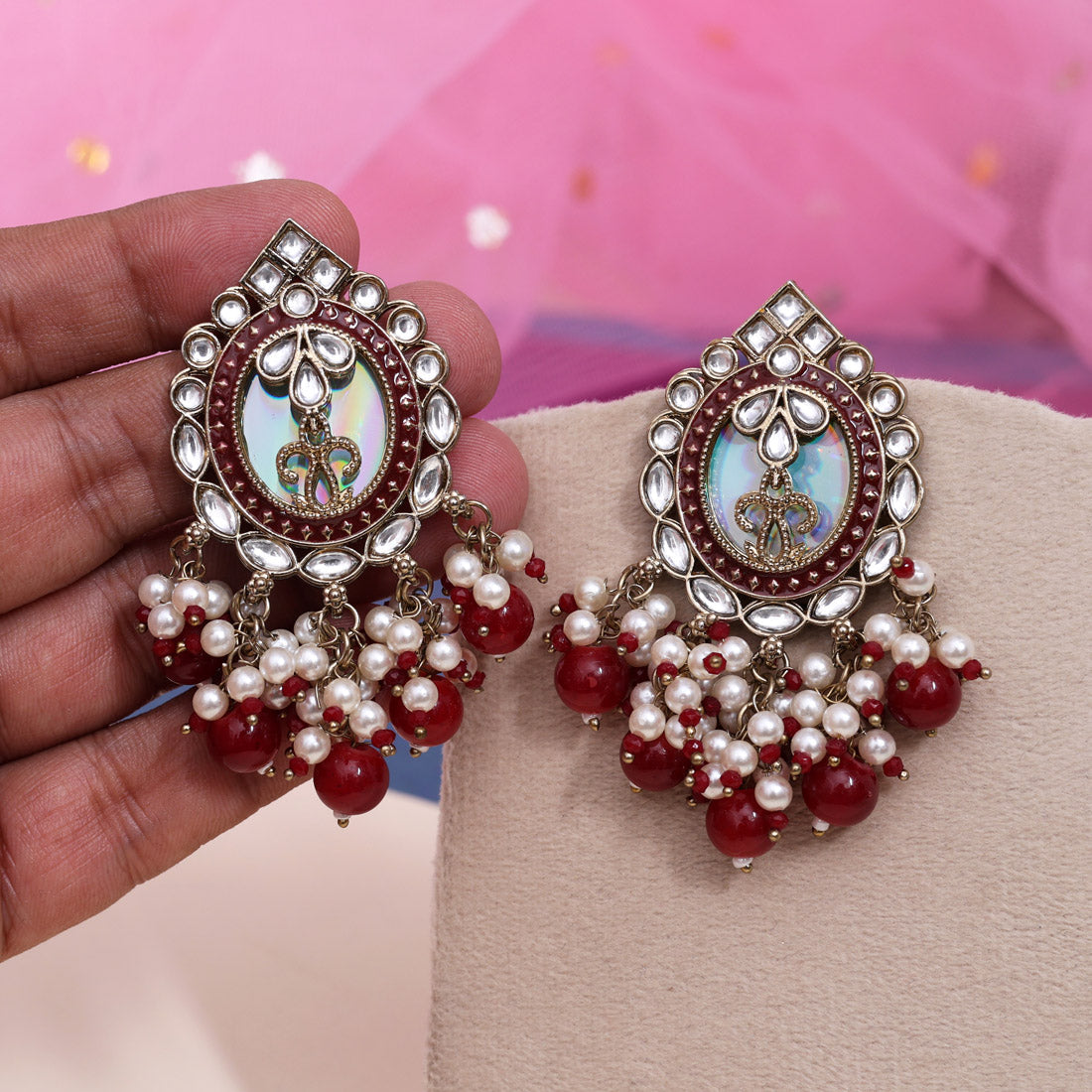 Red Color Kundan Earrings (KDE976RED) - Preyans.com