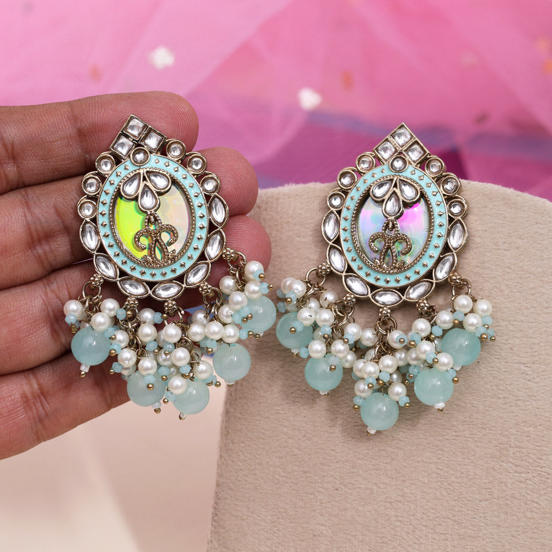 Sky Blue Color Kundan Earrings (KDE976SBLU) - Preyans.com