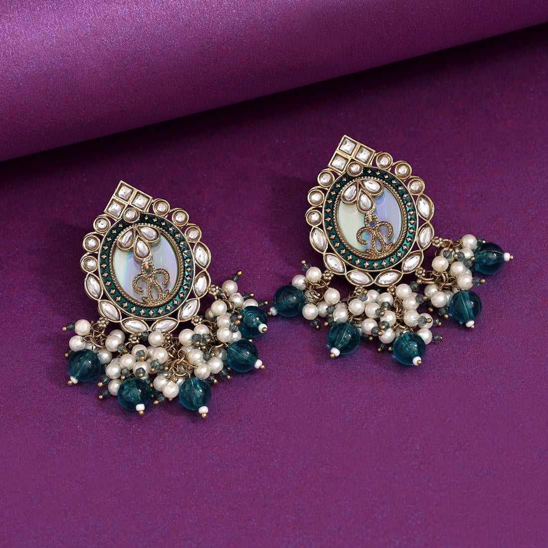 Turquoise Blue Color Kundan Earrings (KDE976TBLU) - Preyans.com