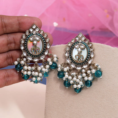 Turquoise Blue Color Kundan Earrings (KDE976TBLU) - Preyans.com