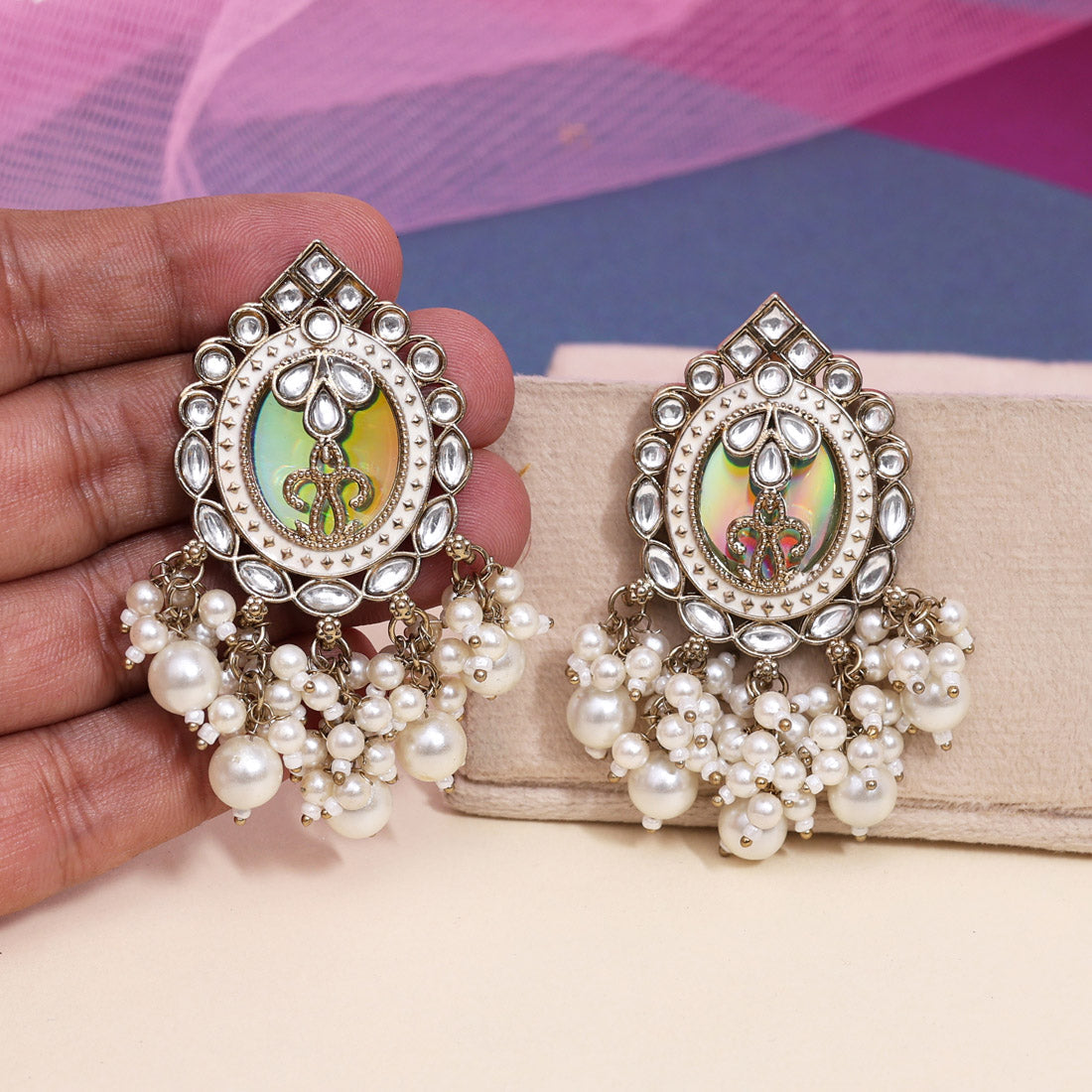 White Color Kundan Earrings (KDE976WHT) - Preyans.com