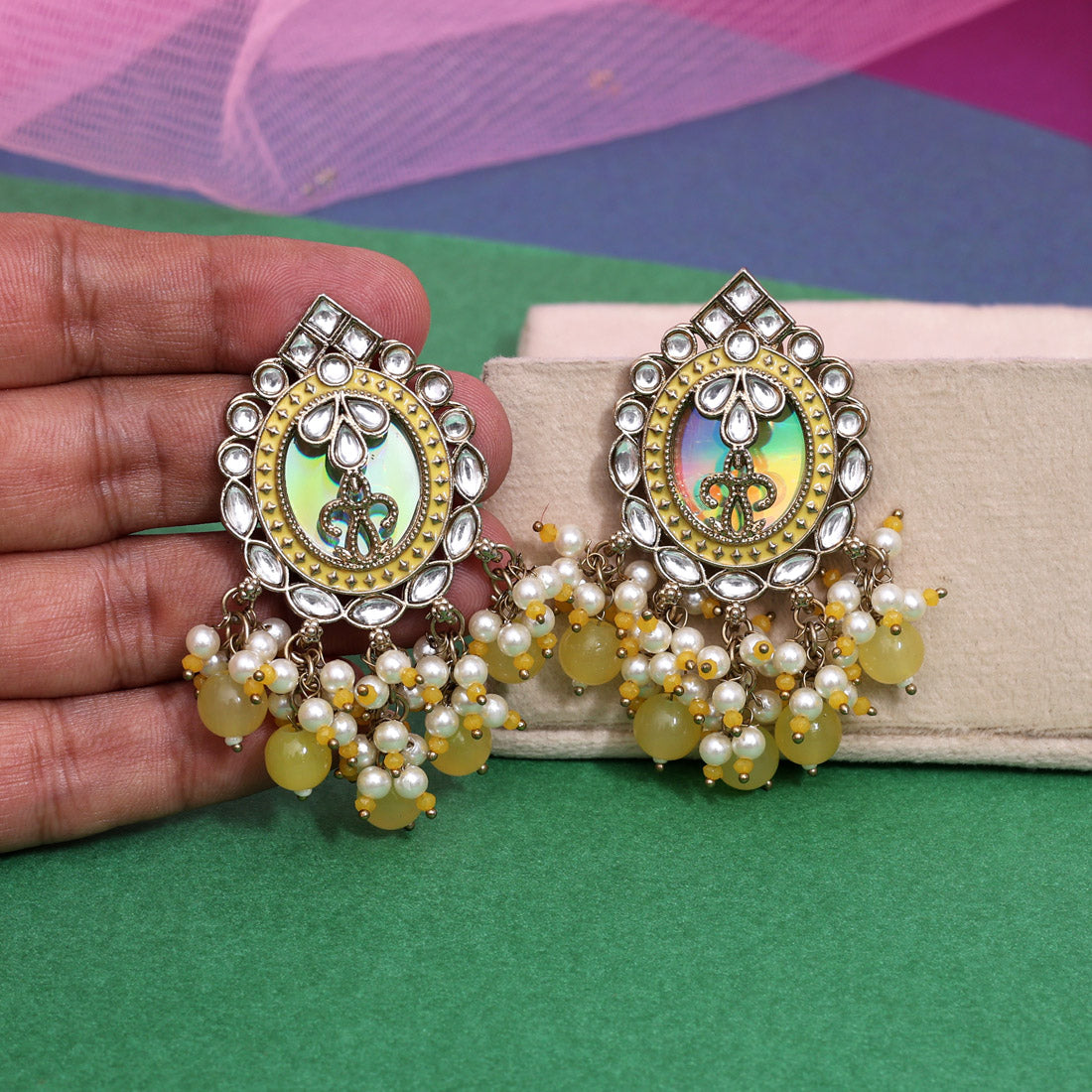 Yellow Color Kundan Earrings (KDE976YLW) - Preyans.com