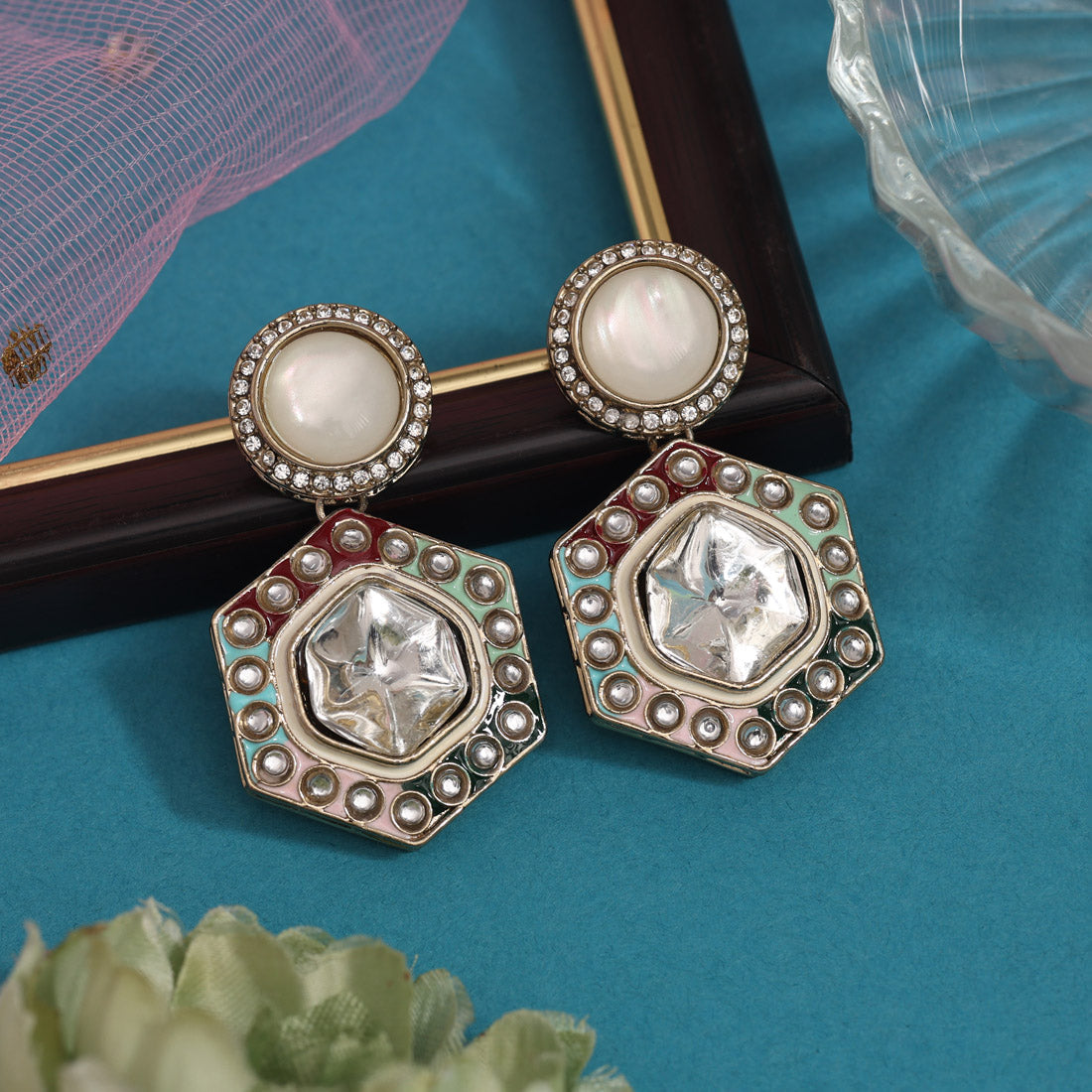 Multi Color Moissanite Kundan Earrings (KDE977MLT) - Preyans.com