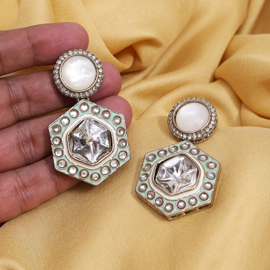 Pista Green Color Moissanite Kundan Earrings (KDE977PGRN) - Preyans.com